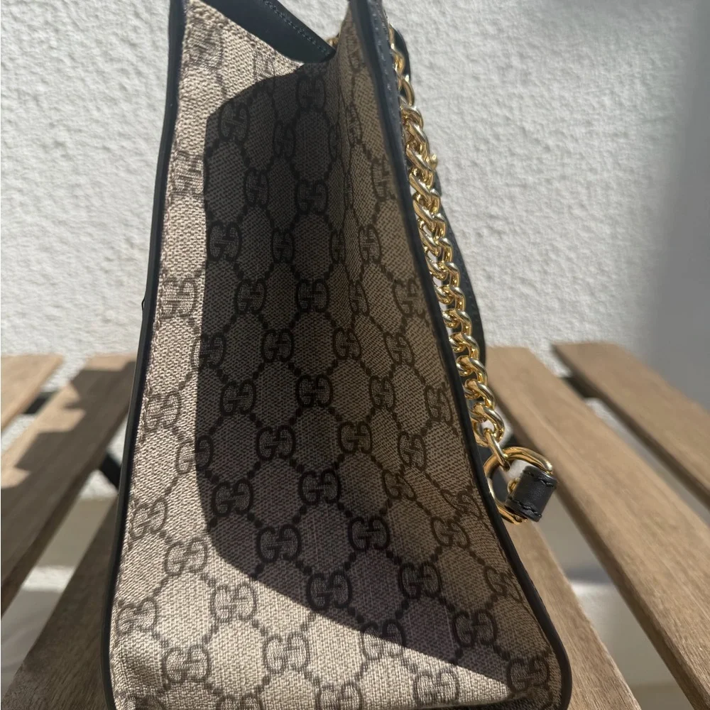 Gucci Beige GG Supreme Canvas Tote with Black Leather Trim and Gold Hardware